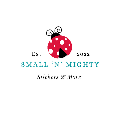 Logo that reads "Shop Small n Mighty, Stickers & More" over a blue background